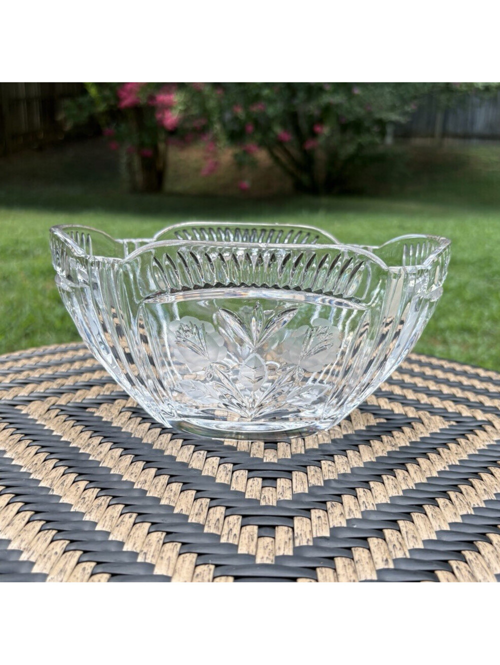 Clear Cut Glass Floral Oval Serving Bowl Decorative 9 in x 4 in